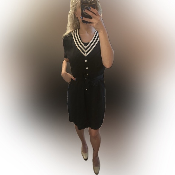 Vintage 90s Black & White Nautical Inspired Dress Medium (6/8) - Picture 8 of 8